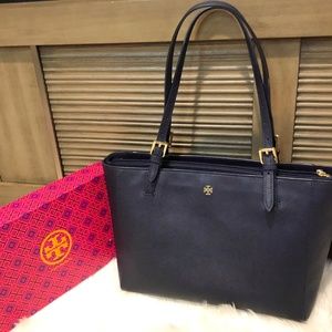 Tory Burch Navy Blue York Buckle Saffiano Tote